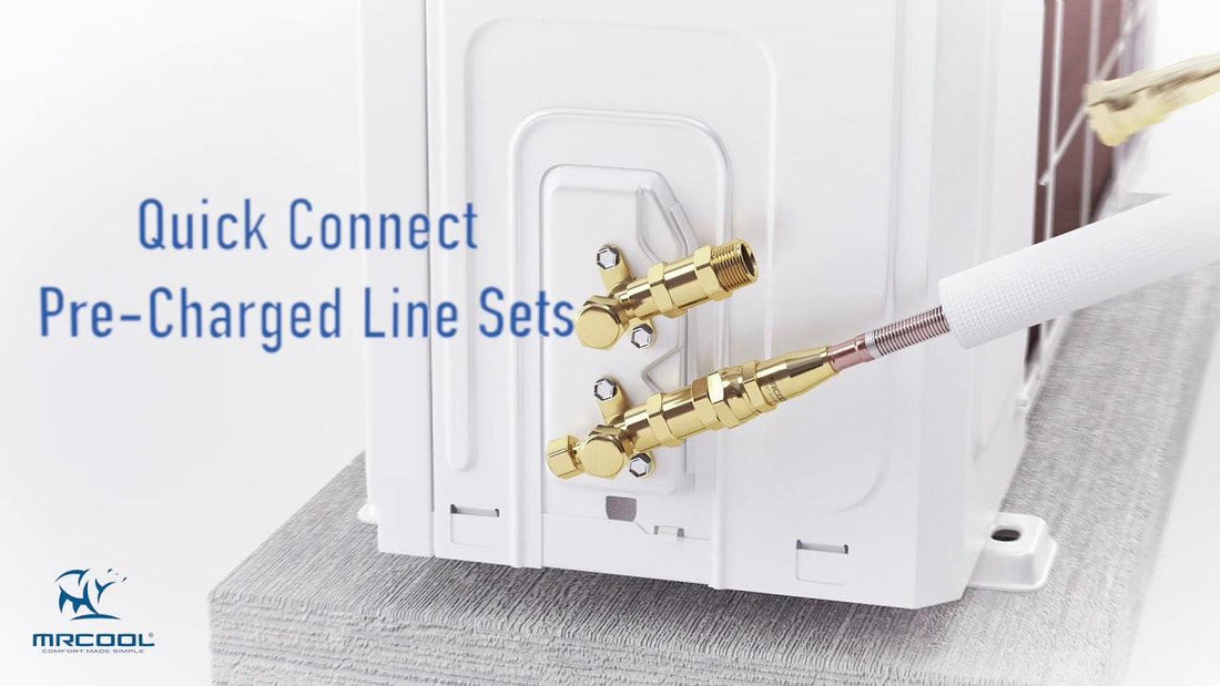 Side-by-side comparison of a traditional HVAC installation with tools and gauges versus a simple MRCOOL DIY system using pre-charged line sets.