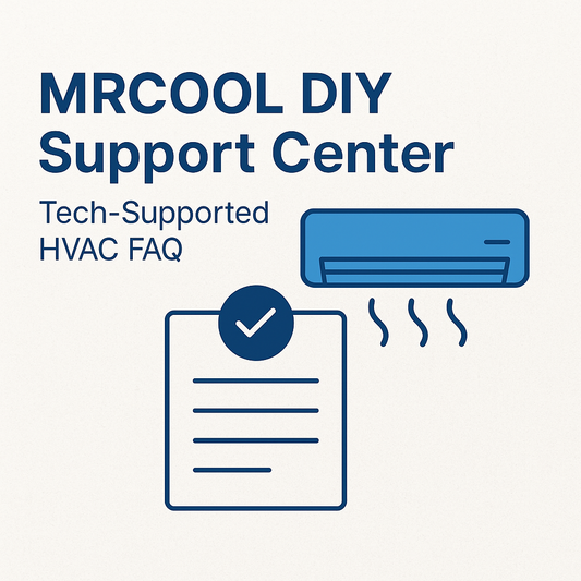 Digital graphic for the MRCOOL DIY Support Center featuring a professional HVAC technician with tools, system schematics, and the headline “Tech-Supported HVAC FAQ – Real Answers from the Pros”