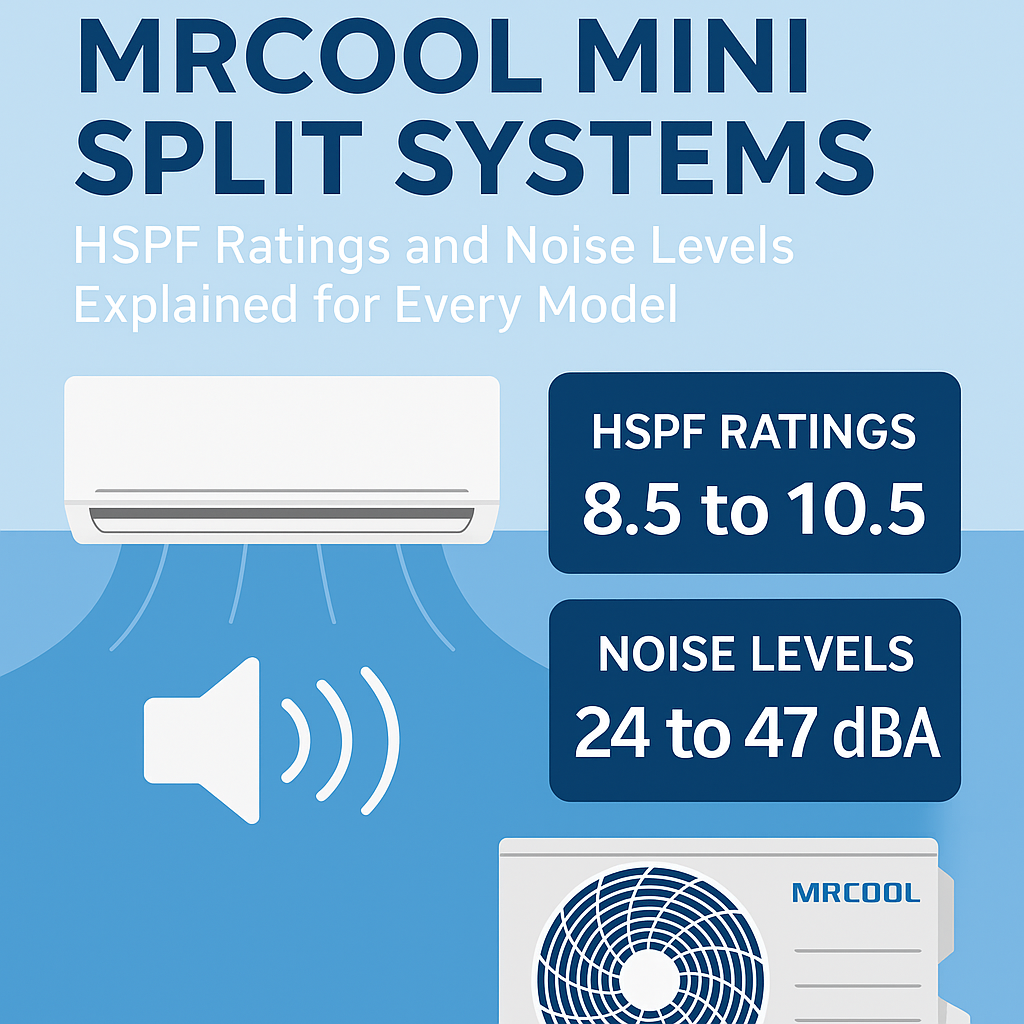 Infographic comparing HSPF ratings and noise levels across MRCOOL mini-split systems, including DIY ductless heat pumps and inverter AC models for energy-efficient heating and cooling.