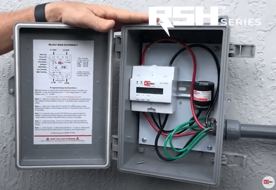 RectorSeal surge protector installed next to a MRCOOL HVAC system – essential protection against power surges for home and business heating and cooling systems