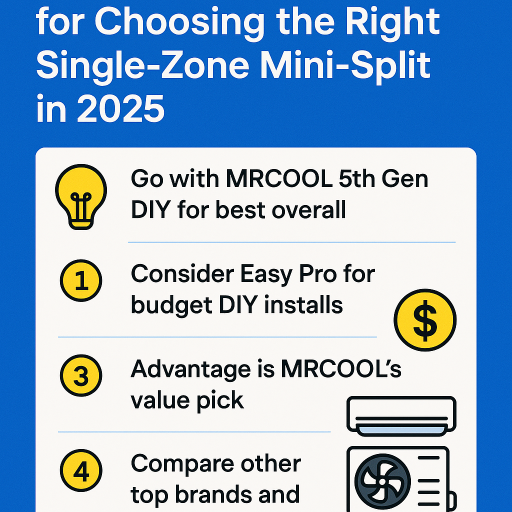 Infographic showing top 10 HVAC expert tips for choosing the right single-zone mini-split system in 2025, featuring MRCOOL 5th Gen DIY, EZPRO, and Advantage series.