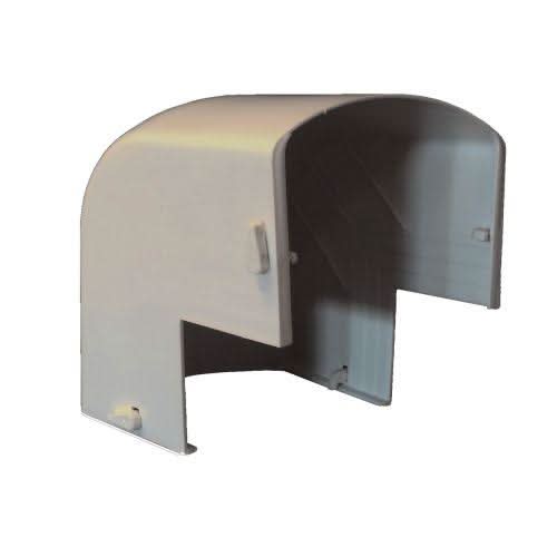 Gray 4.5-inch Exterior 90 fitting for outside corners in HVAC line set covers, one-piece and UV-resistant.