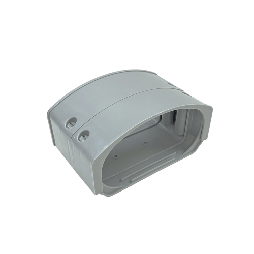 Gray 4.5-inch flex adapter for connecting flex elbows to HVAC line set cover channels, durable and UV-resistant