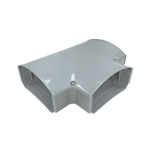 Gray 4.5-inch TEE fitting for splitting line set cover channels into two directions, designed for multi-zone HVAC applications