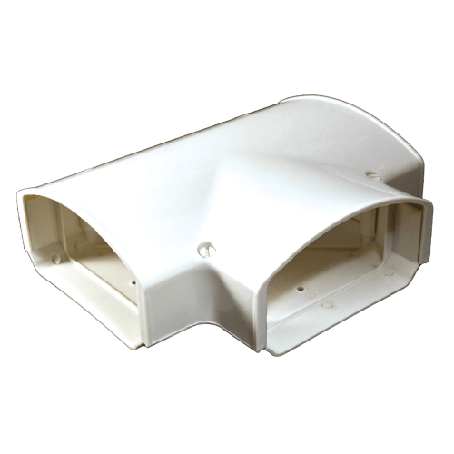 White 4.5-inch TEE fitting for line set covers, UV-resistant and adjustable, perfect for splitting channels into opposite directions