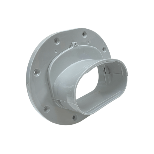 White 4.5-inch wall flange compatible with flexible elbows, offering a UV-resistant, adjustable design for HVAC line set installations