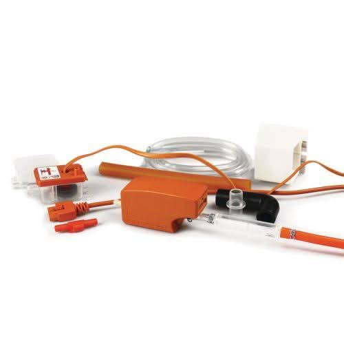 Aspen Mini Orange condensate pump kit – designed for ductless mini split systems to quietly and efficiently remove condensation with internal reservoir and tubing accessories.