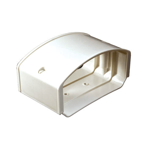 White 4.5-inch coupler for line set covers, adjustable depth and shrinkwrapped with a quick-lock cam screw
