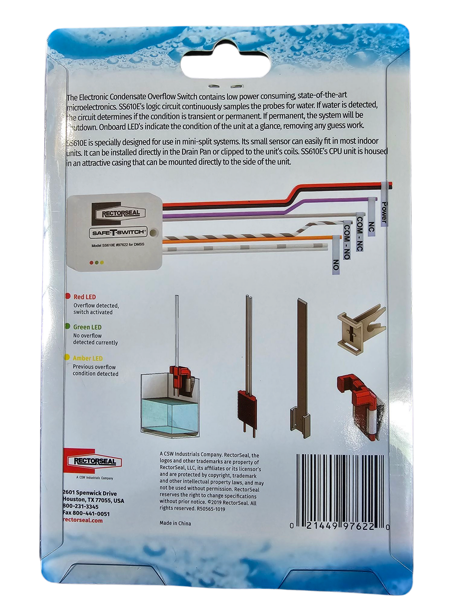 Mini-split condensate overflow safety switch by Rectorseal, model SS610E, protects ductless HVAC systems from clogged drain lines and condensate leaks