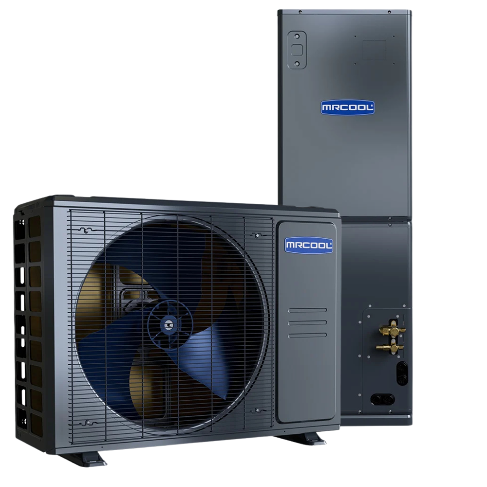 MRCOOL 3 ton Universal Series 36k BTU central ducted heat pump system angled view showing indoor air handler and outdoor condenser