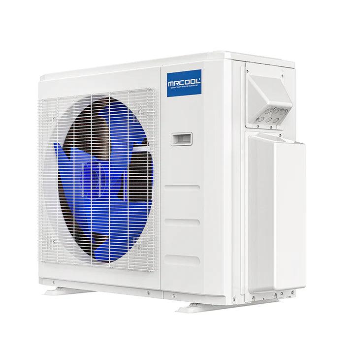 Back view of MRCOOL 27,000 BTU condenser showing R410A ports and Quick Connect fittings
