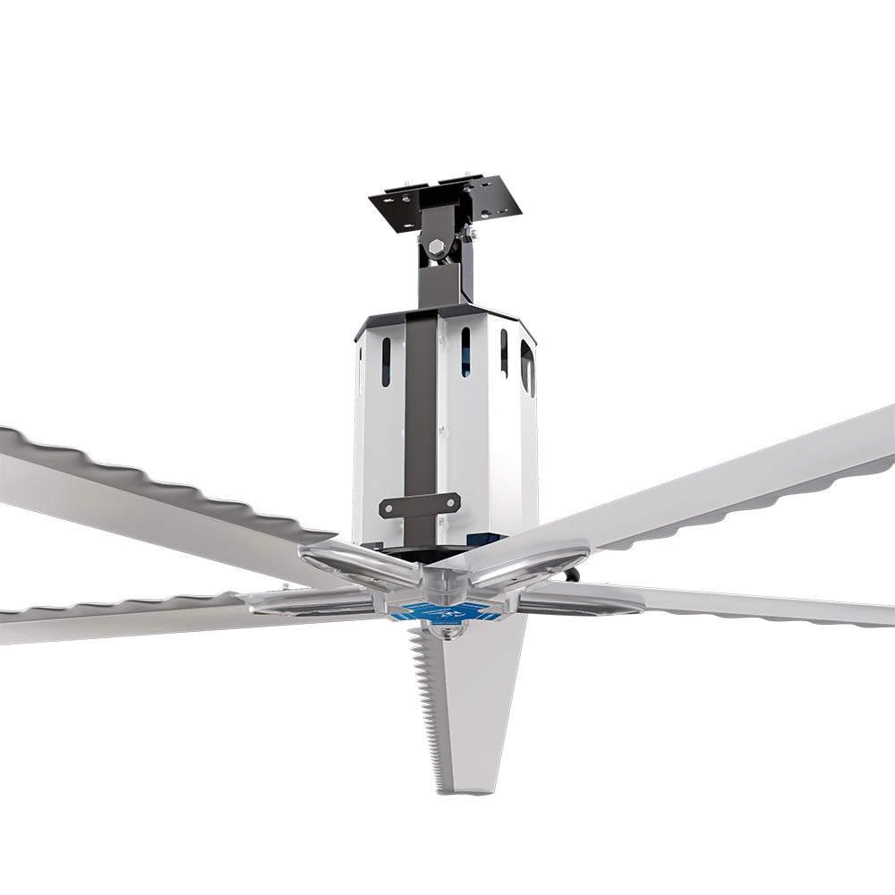 MRCOOL Cool Blade 24-foot industrial HVLS ceiling fan circulating air across a large workshop.