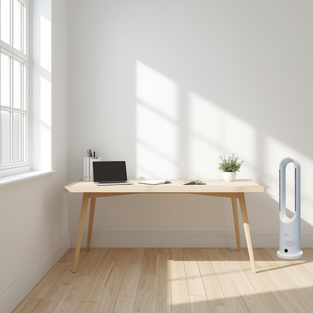 MRCOOL MRBREEZE bladeless heating and cooling fan positioned on the floor in the corner of a modern living room.