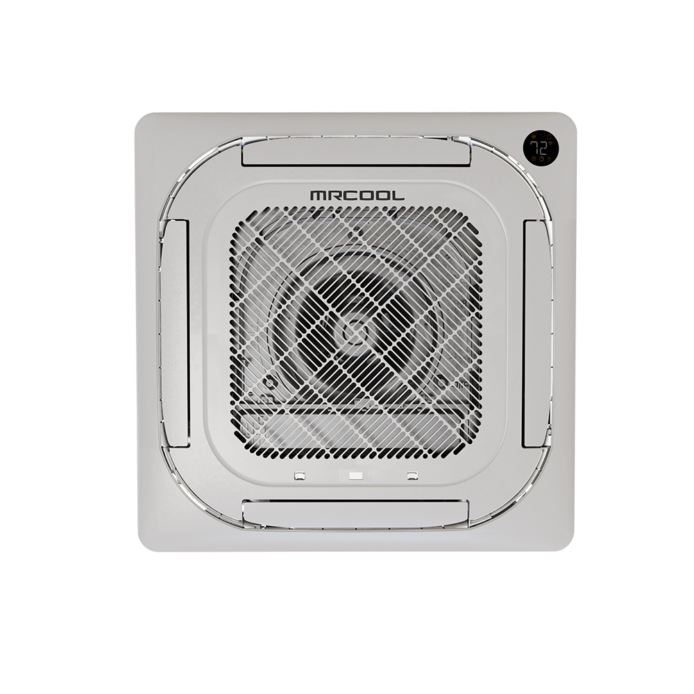 Recessed 4-way MRCOOL® Olympus 12K ceiling cassette with flush-mount panel.