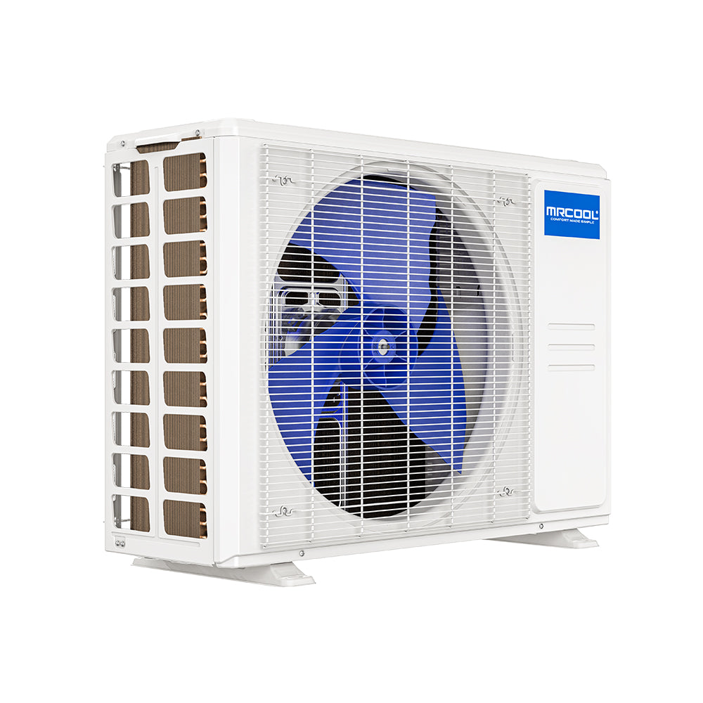 Energy Star certified MRCOOL® Olympus E Star 9K heat pump condenser with inverter technology.