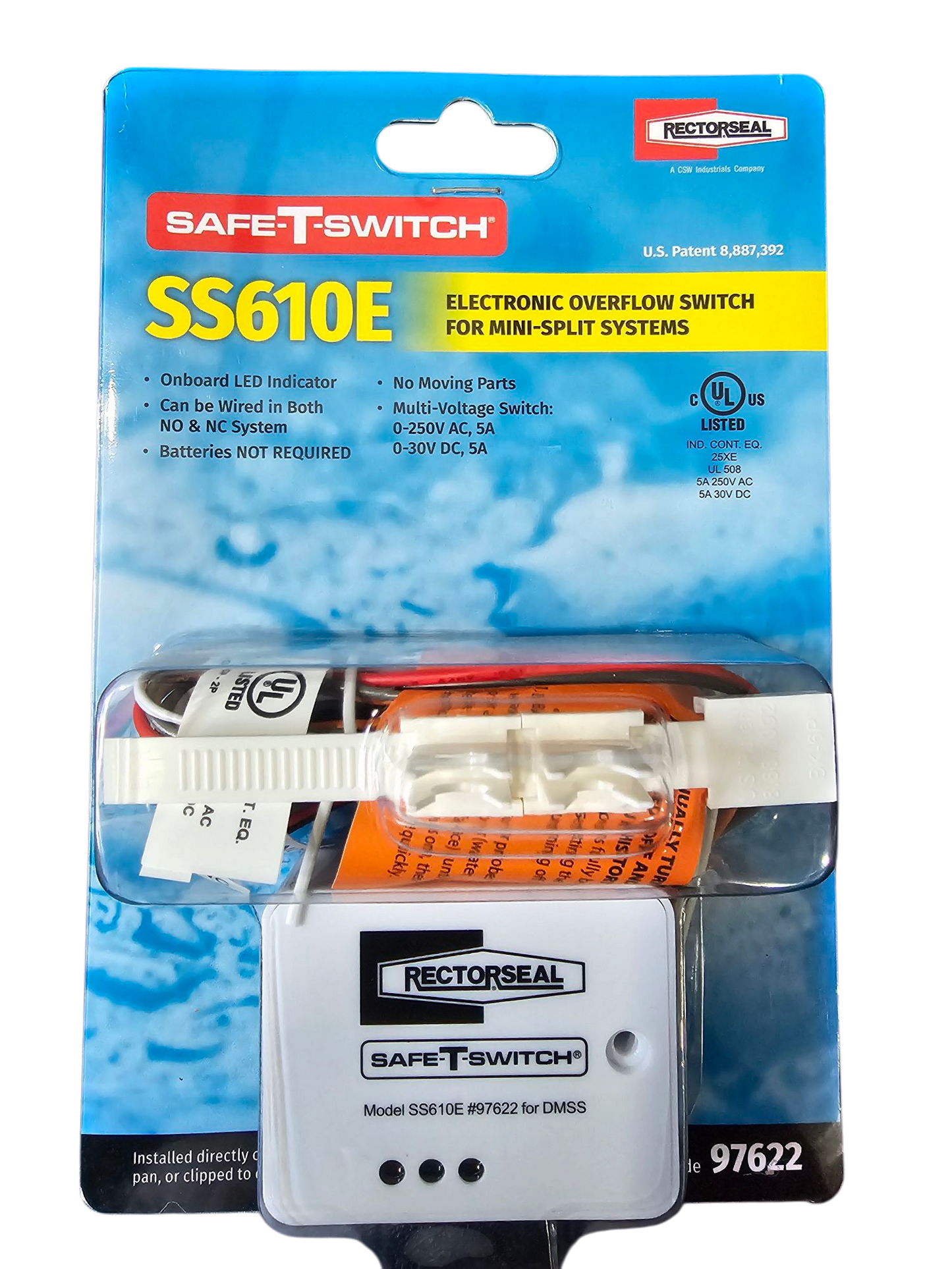 Rectorseal SS610E condensate overflow switch for mini-split air conditioner systems, multi-voltage drain line safety sensor to prevent water damage