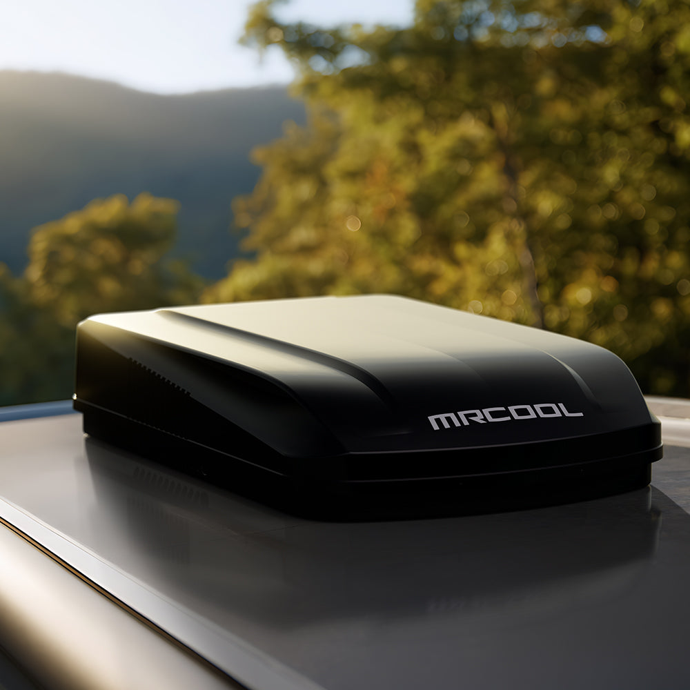 Black MRCOOL TravelCool rooftop unit installed on an RV