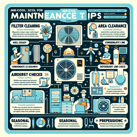 infographic that provides maintenance tips for MrCool Mini Split systems, complete with visuals for each suggested action
