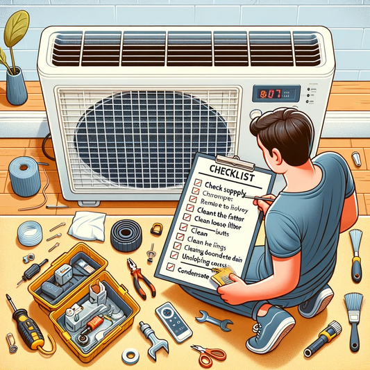 illustration depicting a person troubleshooting a MrCool Mini Split system, following a detailed checklist of common issues.