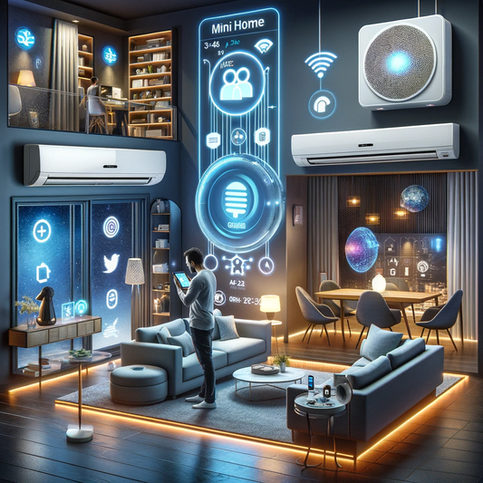  showcasing a futuristic smart home living room featuring a MrCool Mini Split system.