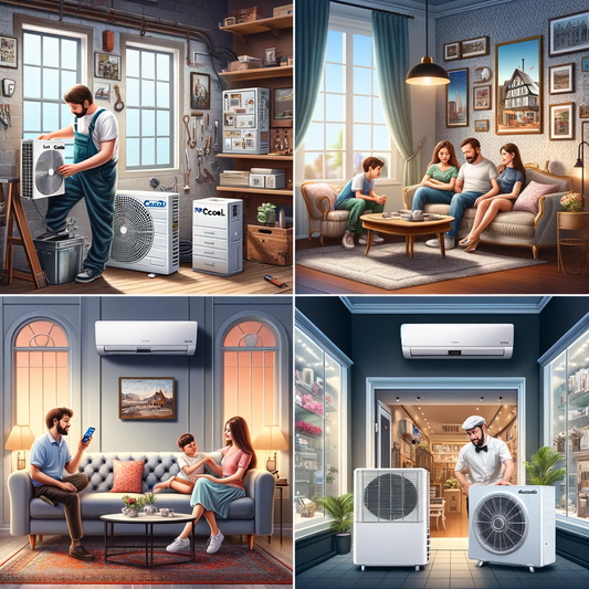 collage image depicting four different home scenarios, each showcasing the use and benefits of MrCool Mini Splits in various real-life settings