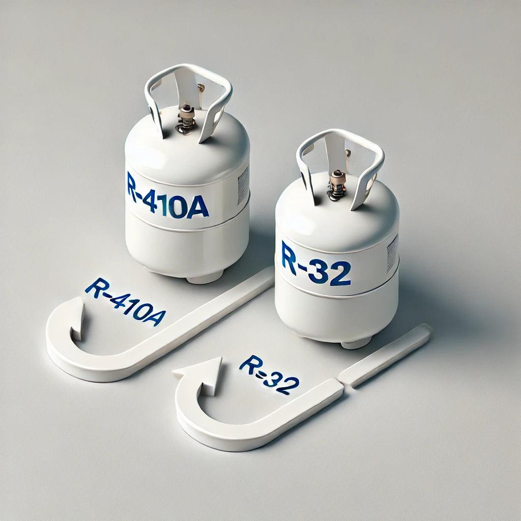 labeled "R-410A" and the other "R-32," with an arrow pointing from R-410A to R-32, symbolizing the transition to more eco-friendly refrigerants in HVAC systems