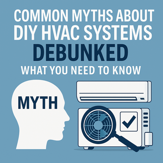 Illustration showing common myths about DIY HVAC systems being debunked, including icons of tools, a mini-split unit, and a confused homeowner with a checklist.
