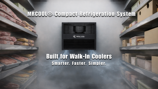 MRCOOL compact refrigeration system installed inside commercial walk-in cooler with food storage shelves