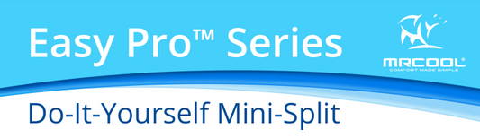 MRCOOL EZPRO Series DIY Mini Split System showcasing sleek indoor unit design with detailed specifications on cooling capacity, energy efficiency, and easy installation