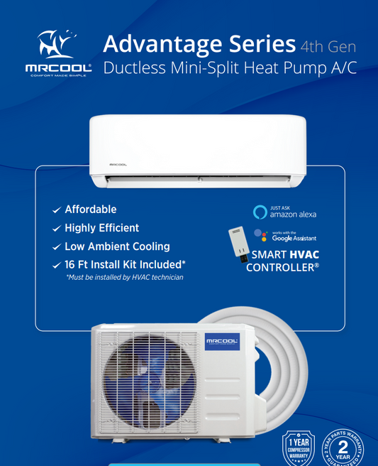 MRCOOL Advantage Series Heat Pump System with 9k, 12k, 18k, 24k, and 36k BTU models, offering energy-efficient heating and cooling