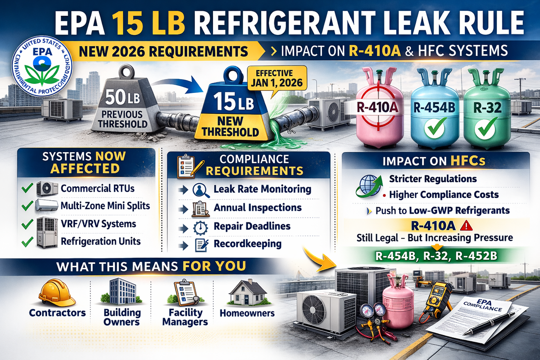 Infographic explaining the EPA 15 lb refrigerant leak repair threshold rule effective January 1, 2026, and its impact on R-410A and other HFC HVAC systems