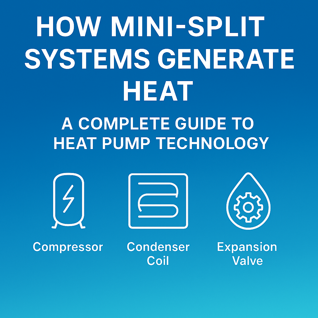 Educational infographic titled “How Mini-Split Systems Generate Heat: A Complete Guide to Heat Pump Technology,” featuring icons for compressor, condenser coil, and expansion valve
