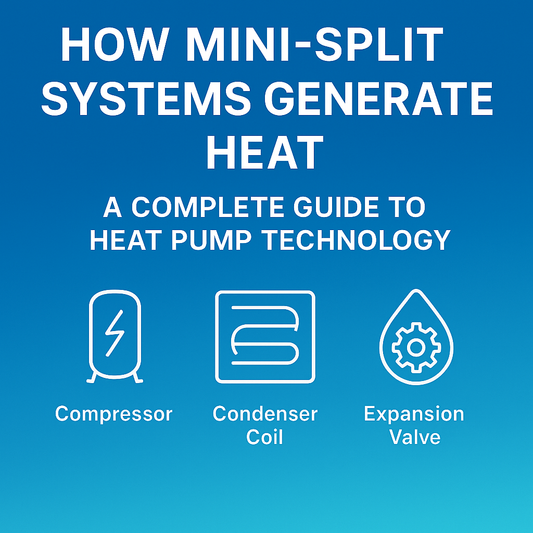 Educational infographic titled “How Mini-Split Systems Generate Heat: A Complete Guide to Heat Pump Technology,” featuring icons for compressor, condenser coil, and expansion valve