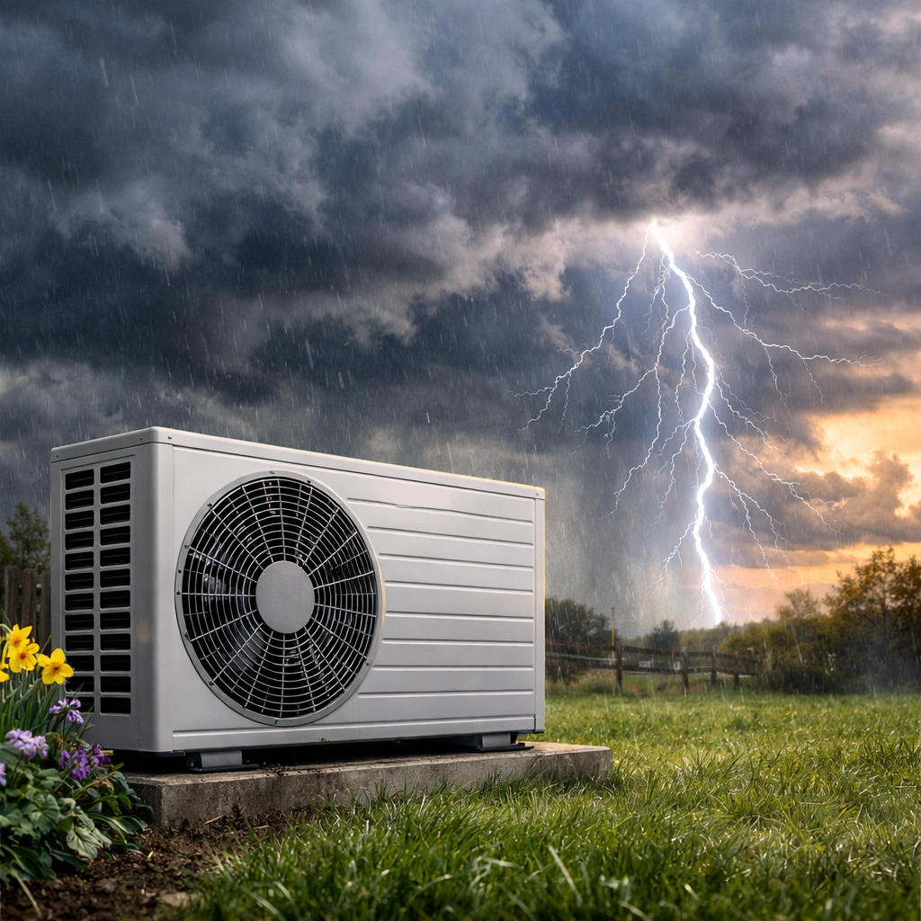 Outdoor side-discharge HVAC condenser exposed to spring thunderstorms, illustrating the importance of surge protection for inverter-driven HVAC systems during power surges and voltage fluctuations.