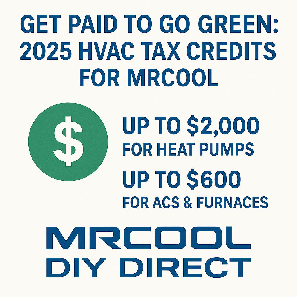 Promotional graphic for 2025 HVAC tax credits from MRCOOL DIY Direct, showing savings up to $2,000 for heat pumps and $600 for ACs and furnaces, with MRCOOL DIY Direct logo on a white background.