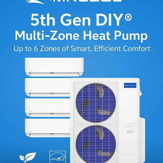 Promotional graphic showing the MRCOOL 5th Gen DIY Multi-Zone Heat Pump system with up to six indoor units and one outdoor condenser, highlighting features like R-454B refrigerant, ENERGY STAR® certification