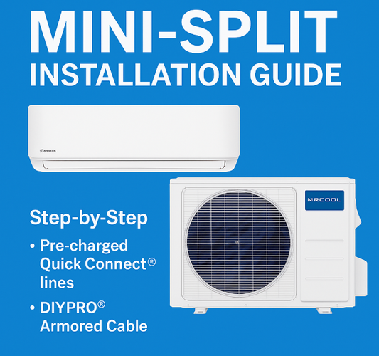 Promotional graphic for the MRCOOL 5th Gen Single-Zone DIY Mini-Split Installation Guide showing an indoor air handler and outdoor condenser on a blue background, highlighting Quick Connect pre-charged