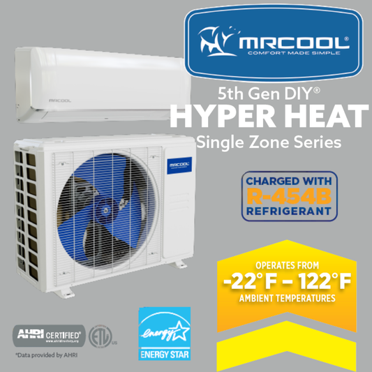 MRCOOL 5th Gen DIY E-Star and HyperHeat single zone mini split systems – high-efficiency ductless heat pumps with QuickConnect DIY installation.