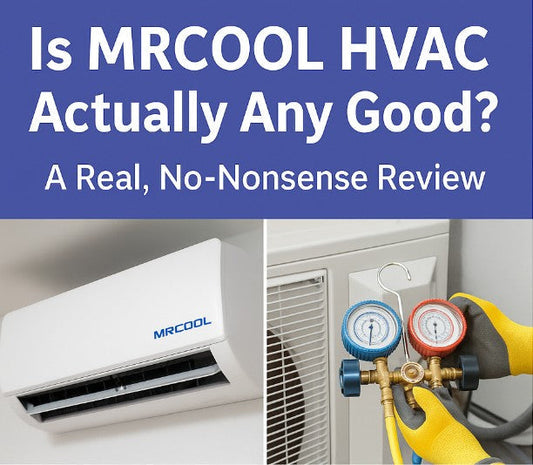 Graphic showing MRCOOL DIY mini split alongside a technician servicing a traditional HVAC system with gauges, illustrating an honest comparison of MRCOOL HVAC vs professionally installed systems.