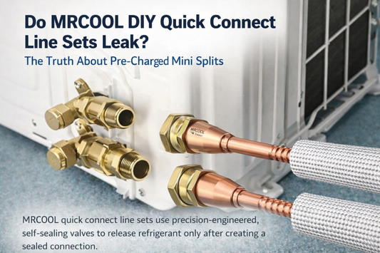 MRCOOL DIY pre-charged quick connect line set valves attached to outdoor mini split condenser