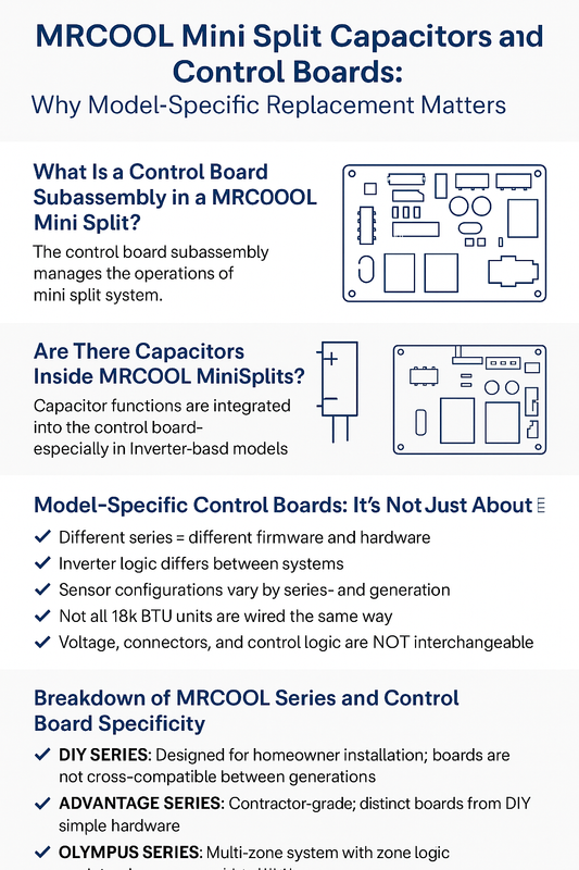 Infographic explaining MRCOOL mini split control board subassemblies and built-in capacitors, highlighting model-specific compatibility for DIY, Olympus, Advantage, EZPRO, and Energy Star series.