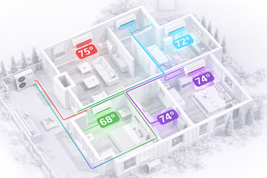 Isometric diagram showing a multi-zone mini split HVAC system with independent temperature control in each room, illustrating zoning using multiple indoor air handlers
