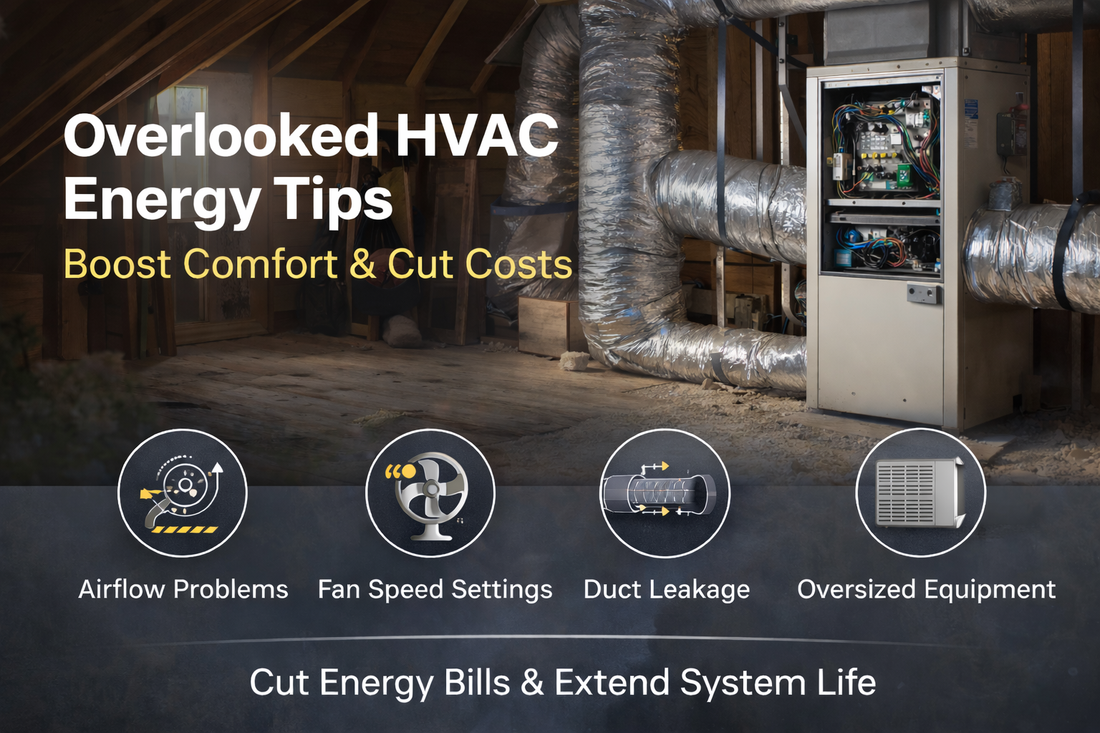 Residential attic air handler with ductwork highlighting overlooked HVAC energy efficiency issues such as airflow problems, fan speed settings, duct leakage, and equipment sizing.