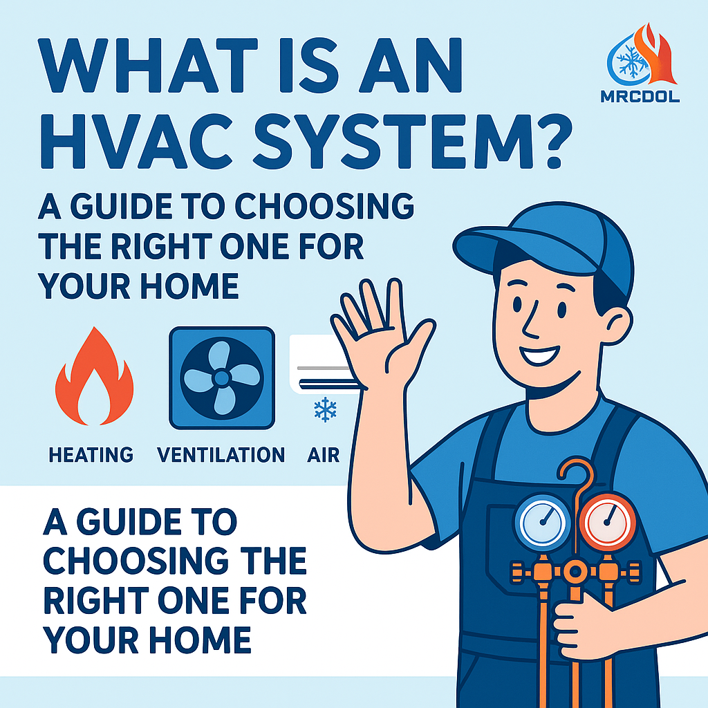 “What Is an HVAC System?” with illustrated icons for heating, ventilation, and air conditioning, and a friendly technician holding HVAC gauges. Blue and orange color palette with MRCOOL logo