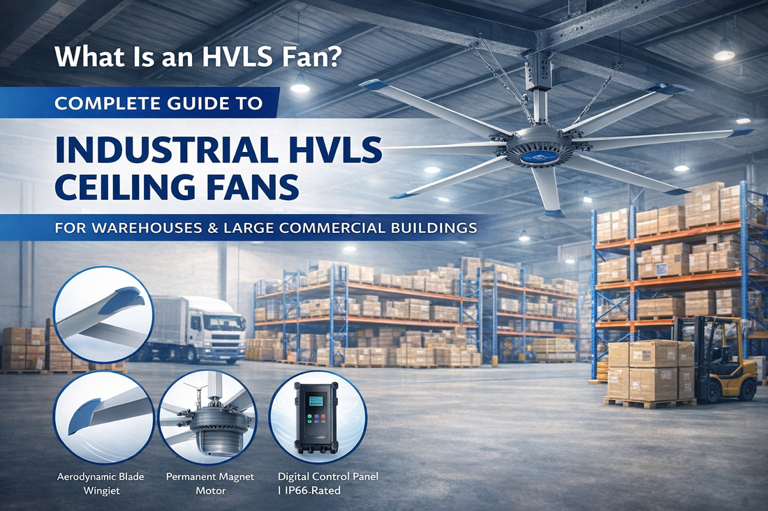 Industrial 24 ft HVLS ceiling fan installed in warehouse showing large-scale air circulation for commercial buildings