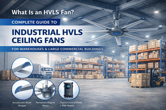 Industrial 24 ft HVLS ceiling fan installed in warehouse showing large-scale air circulation for commercial buildings