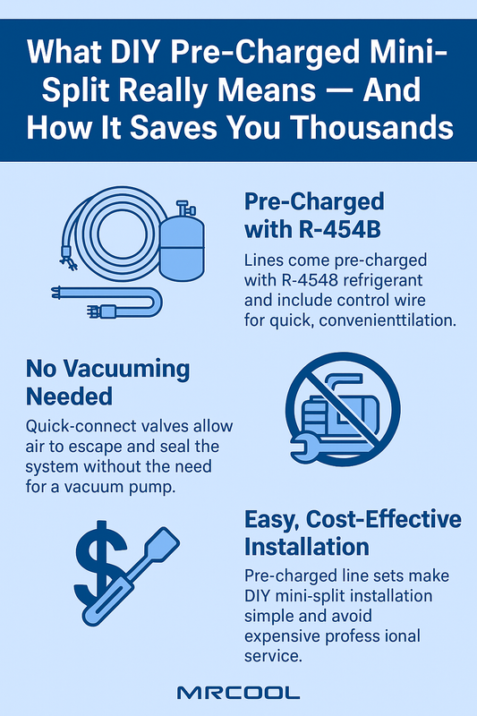 Infographic explaining DIY pre-charged mini split systems with R-454B refrigerant, highlighting no vacuum needed, quick-connect valves, cost-effective installation, and MRCOOL Gen 5 line set advantages.
