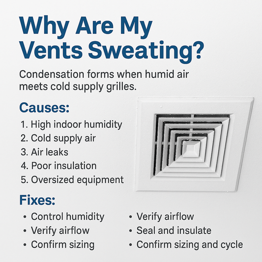 Infographic explaining why AC vents sweat with causes like high indoor humidity, cold supply air, air leaks, poor insulation, and oversized HVAC equipment, plus fixes such as controlling humidity