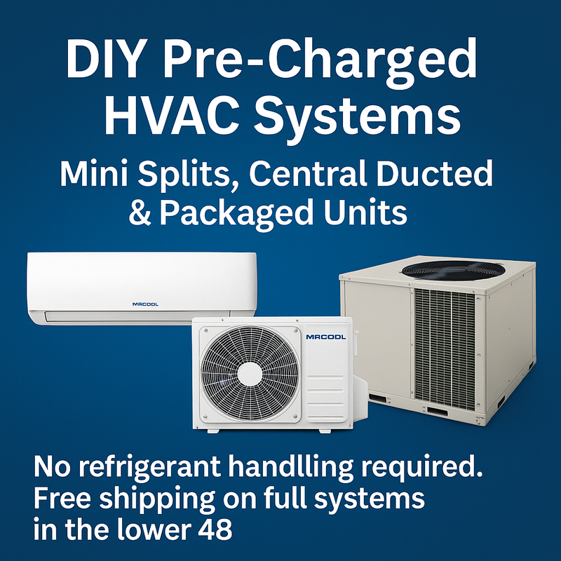 DIY pre-charged mini split and central ducted heat pump systems with no refrigerant handling, free shipping in the USA, MRCOOL DIY HVAC collection