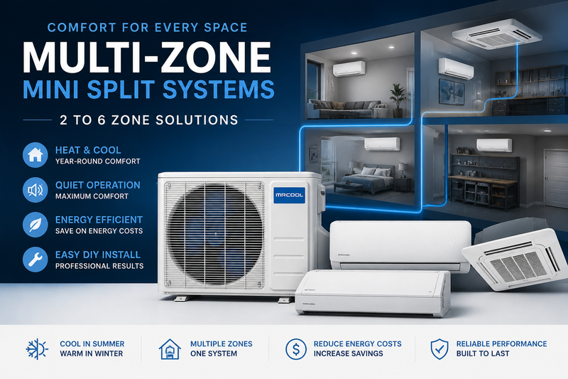 Multi-zone mini split systems showing indoor air handlers and outdoor condenser for 2 to 6 zone HVAC applications